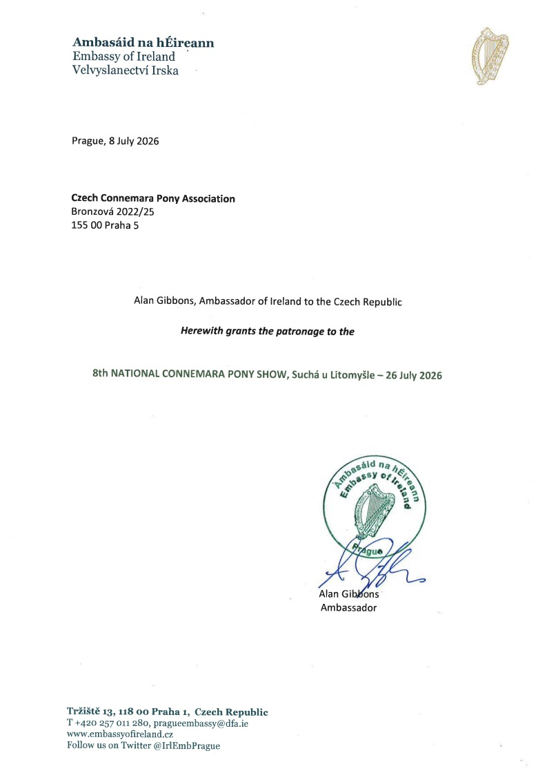 Máme skvělou zprávu! 8.Národní výstava Connemara pony získala oficiální záštitu Velvyslanectví Irska v České republice.